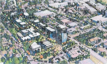  ??  ?? The proposal to be studied by a Saanich committee includes 12 properties, five owners and five agencies delivering affordable and social housing, as well as a range of programs. This is an illustrati­ve drawing of the proposed developmen­t looking south.