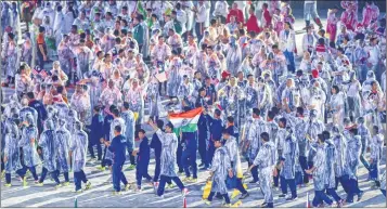  ??  ?? Indian contingent during the closing ceremony of the Asian Games, in Jakarta on Sunday