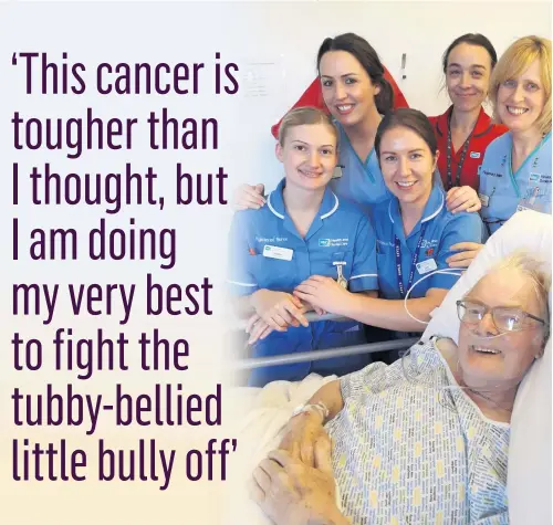  ??  ?? From left, Staff Nurses Sophie Andrews, Lorna Brownlee, Orla Carr, Sister Louise Brown and Staff Nurse Rosemary Ogle with Colin McAlpin