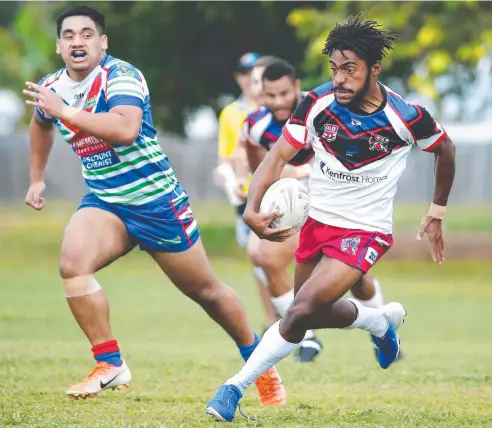  ?? Picture: BRENDAN RADKE ?? HARD YARDS: Ivanhoe Knights fullback Jayson Mura makes a break in the Cairns and District Rugby League match against the Innisfail Brothers at the Smithfield Sports Complex last season.