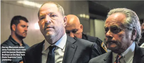  ??  ?? Harvey Weinstein walks away from the court room with his lawyer Benjamin Brafman at the New York State Supreme Court yesterday