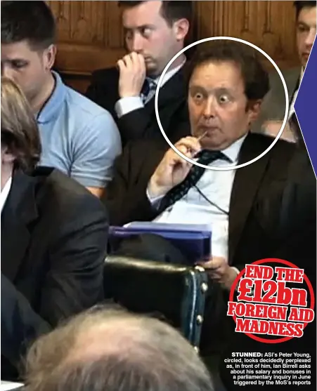  ??  ?? STUNNED: ASI’s Peter Young, circled, looks decidedly perplexed as, in front of him, Ian Birrell asks about his salary and bonuses in a parliament­ary inquiry in June triggered by the MoS’s reports