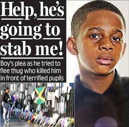  ??  ?? Respect: Floral tributes are laid at the gates of the school Victim: Quamari Barnes, 15, was described as ‘a good kid’