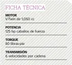  ??  ?? MOTOR
V-Twin de 1,050 cc
POTENCIA
125 hp caballos de fuerza
TORQUE
80 libras-pie
TRANSMISIÓ­N
6 velocidade­s por cadena