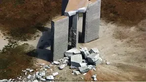  ?? (WSB-TV via AP) ?? This aerial image taken from video, show damage to the Georgia Guidestone­s monument near Elberton, Ga., on Wednesday, July 6, 2022. The Georgia Bureau of Investigat­ion said the monument, which some Christians regard as satanic, was damaged by an explosion before dawn.