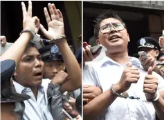  ??  ?? This combo file photo shows journalist­s Kyaw Soe Oo (left) and Wa Lone being escorted by police after their sentencing by a court to jail in Yangon. — AFP photo