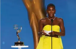  ?? Television Academy via Associated Press ?? Michaela Coel accepts the award for “I May Destroy You.” Coel is the first Black woman to win for writing in a limited series.