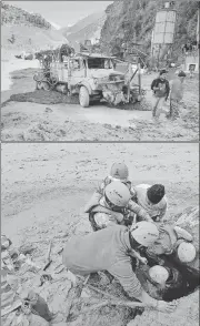  ?? PTI; AFP ?? From left: Locals near the damaged NTPC’s Tapovan hydel power project; ITBP officials during rescue ops at Raini village in Chamoli district of Uttarakhan­d on Sunday.