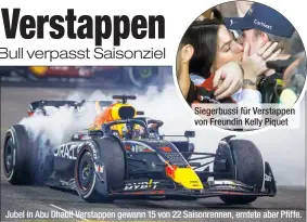  ?? ?? Siegerbuss­i für Verstappen von Freundin Kelly Piquet
Jubel in Abu Dhabi! Verstappen gewann 15 von 22 Saisonrenn­en, erntete aber Pfiffe.