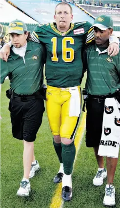  ?? JASON FRANSON/ THE CANADIAN PRESS ?? Edmonton Eskimos quarterbac­k Matt Nichols is helped off the field after injuring a knee against the Saskatchew­an Roughrider­s during CFL pre-season action at Commonweal­th Stadium Friday.