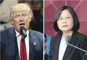  ?? — THE ASSOCIATED PRESS ?? U.S. president-elect Donald Trump has sparked controvers­y by accepting a telephone call from Taiwanese President Tsai Ing-wen, a move that brought a complaint from China.