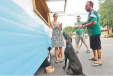  ?? Matthew Jonas, Daily Camera ?? Michelle Monares holds a treat from the Winnie Lou The Canine Co. truck for her dog Guinness, held by Rene Monares, during the Erie Block Party on Briggs Street in Erie on June 29.