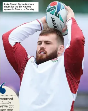  ??  ?? Luke Cowan-Dickie is now a doubt for the Six Nations opener in France on Sunday