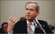  ?? ASSOCIATED PRESS FILE PHOTO ?? Former national security adviser Robert C. McFarlane gestures while testifying before the House-Senate panel investigat­ing the Iran-Contra affair on Capitol Hill in Washington, May 13, 1987.