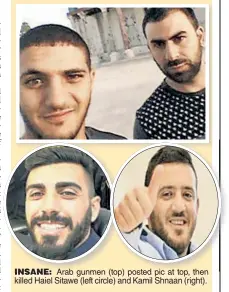  ??  ?? INSANE: Arab gunmen (top) posted pic at top, then killed Haiel Sitawe (left circle) and Kamil Shnaan (right).