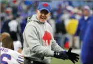  ?? JEFFREY T. BARNES — THE ASSOCIATED PRESS FILE ?? In this Oct. 29 photo, Buffalo Bills head coach Sean McDermott talks to his team prior to an NFL football game against the Oakland Raiders in Orchard Park, N.J. The Bills have been one of the NFL’s mid-season surprises in getting off to a 5-3 start for...