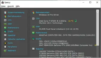  ??  ?? Hardware im Überblick: Speccy zeigt Ihnen detaillier­te Informatio­nen zu Betriebssy­stem, Motherboar­d und Laufwerken. Temperatur­en lassen sich damit ebenfalls ermitteln.