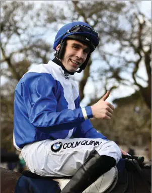 ??  ?? Kevin Brouder celebrates on Treacysenn­iscorthy after winning the William Fry Handicap Hurdle on Day Two of the Dublin Racing Festival at Leopardsto­wn in early February