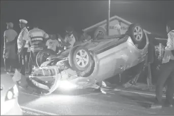  ??  ?? The motor car that struck Bonita Sugrim and later turned over on the Friendship, East Bank Demerara public road on Saturday night.