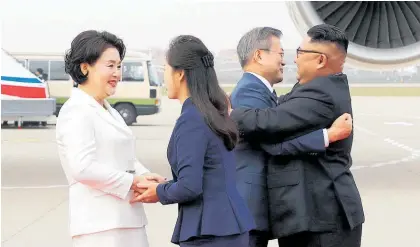  ?? Photo / AP ?? Kim Jung Sook (left) and Moon Jae In are welcomed to Pyongyang by Ri Sol Ju and Kim Jong Un.