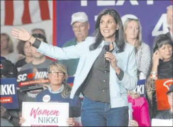  ?? Meg Kinnard The Associated Press ?? GOP presidenti­al hopeful Nikki Haley speaks during a campaign event Monday in Bluffton, S.C. Haley is way back in the pack behind front-runner Donald Trump.