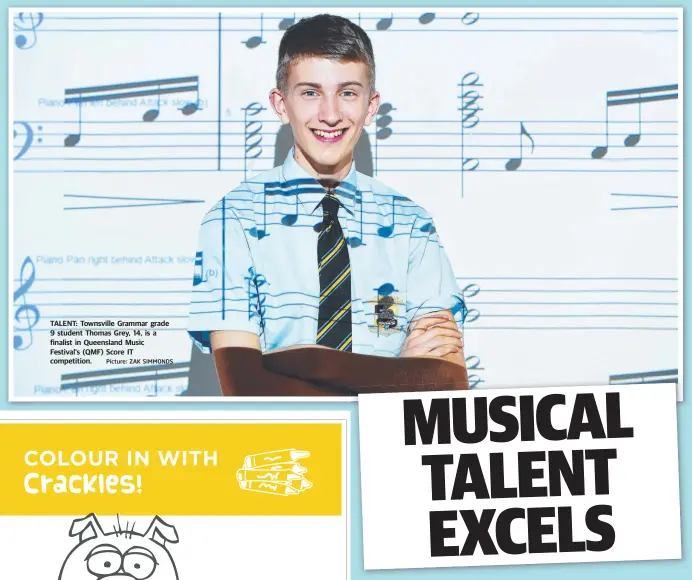  ?? TALENT: Townsville Grammar grade 9 student Thomas Grey, 14, is a finalist in Queensland Music Festival's ( QMF) Score IT competitio­n. Picture: ZAK SIMMONDS ??