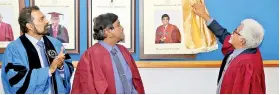  ??  ?? Prof. Emeritus Ajit M. Abeysekara is unveiling the portrait of the awardee Prof. S. P. Deraniyaga­la