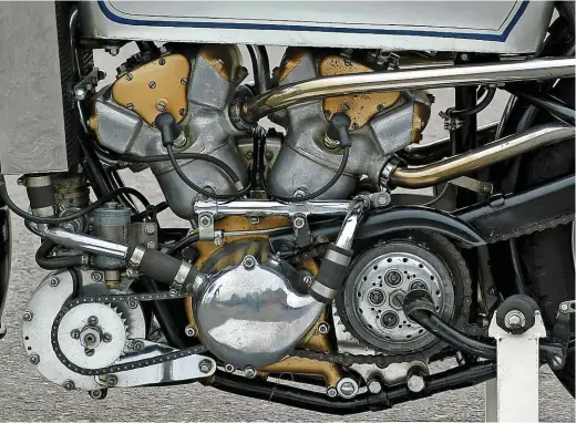  ??  ?? Above: The 1939 AJS V4 on show at the Sammy Miller museum, showing the engine’s developmen­t into a water-cooled supercharg­ed unit