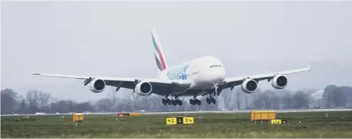  ?? PICTURE: SWNS ?? 0 The Emirates’ Airbus A380 touches down in Glasgow yesterday, where it will continue to fly until 30 September