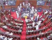  ??  ?? Parliament­arians protest in the Rajya Sabha on Monday.