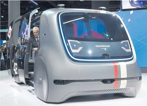  ?? AP ?? Matthias Mueller, CEO of Volkswagen AG, sits in the group’s fully autonomous concept called Sedric during a preview evening for the media on the eve of the Frankfurt Internatio­nal Motor Show on Monday.