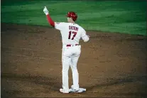  ?? JAE C. HONG — THE ASSOCIATED PRESS ?? Los Angeles Angels’ Shohei Ohtani celebrates his RBI double during last Friday’s game against the Los Angeles Dodgers.