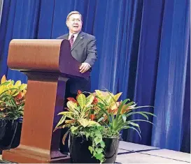  ?? [PHOTO BY CHRIS CASTEEL, THE OKLAHOMAN] ?? Democratic gubernator­ial candidate Drew Edmondson speaks Thursday to the Oklahoma Municipal League in downtown Oklahoma City.