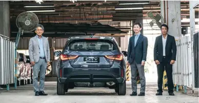  ??  ?? From left: HCPI President, Masahiko Nakamura; HCPI EVP, Ryohei Adachi, and HCPI GM for sales, Atty. Louie Soriano with the All-New Honda City Hatchback.