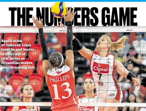  ?? —CONTRIBUTE­D PHOTO ?? Cignal’s Ces Molina (right) and MJ Phillips of Petro Gazz go at it again in the championsh­ip playoffs.