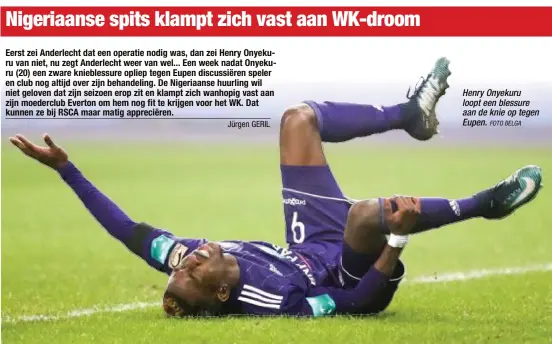  ?? FOTO BELGA ?? Henry Onyekuru loopt een blessure aan de knie op tegen Eupen.