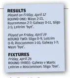  ?? ?? ROUND ONE: Mayo 2-13, Roscommon 2-7; Galway 0-11, Sligo 2-5; Leitrim ‘bye’.
ROUND TWO: Sligo 0-9, Leitrim 0-8; Roscommon 1-10, Galway 1-7; Mayo ‘bye’.
ROUND THREE: Galway v Mayo; Leitrim v Roscommon; Sligo ‘bye’.
Best for Sligo: Sligo: