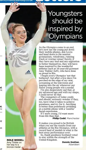  ??  ?? ROLE MODEL: Amy Tinkler on her way to a bronze medal