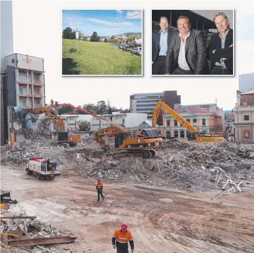  ?? Picture: LUKE BOWDEN ?? COSTLY: Demolition work at the Royal Hobart Hospital, looking towards the Theatre Royal. Insets, proposed Domain site and proponent Dean Coleman, centre, with surgeons Michael Pritchard and Andrew Hunn in 2014.