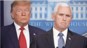  ?? CAROLYN KASTER/AP ?? President Donald Trump and Vice President Mike Pence announce travel restrictio­ns and other virus-fighting measures Saturday.