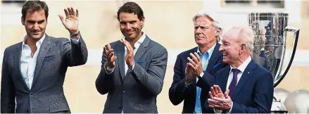  ??  ?? (from left) Roger Federer, Rafael Nadal, Bjorn Borg and Rod Laver during the Laver Cup presentati­on at the Old Town Square in Prague on Wednesday. — ReutersEur­ope against The World: