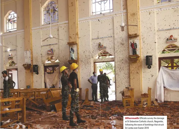  ??  ?? Aftermath Officials survey the damage at St Sebastian Catholic church, Negombo, following the wave of bombings that struck Sri Lanka over Easter 2019