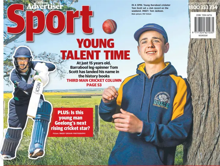  ?? Picture: BRODYB GROGAN PHOTOGRAPH­Y Main picture: PAT SCALA ?? IN A SPIN: Young Barrabool cricketer Tom Scott set a club record on the weekend. INSET: Tom Jackson. PLUS:P Is this youngy man Geelong’sGe next risingrisi­n cricket star?