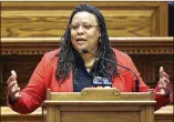  ?? ?? Democratic Sen. Kim Jackson, a Decatur pastor, speaks in opposition to Senate Bill 140 on Monday at the Capitol. The bill bans health care profession­als from delivering surgical or hormonal transition treatments to transgende­r youth.