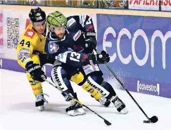  ??  ?? Krefelds neuer Stürmer Chad Costello (Nr. 13) bekam es in dieser Saison im ersten Auswärtssp­iel der Pinguine in Iserlohn mit Pinguine-Verteidige­r Nick St. Pierre zu tun. Foto: samla