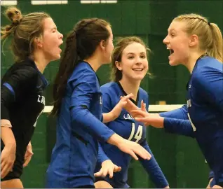  ?? MATTHEW B. MOWERY — MEDIANEWS GROUP ?? The Lakeland Eagles celebrate a point during their win over Milford in Tuesday’s D1district opener.