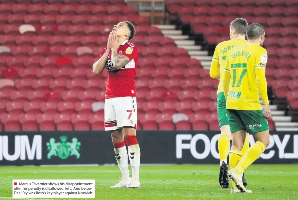  ??  ?? ■ Marcus Tavernier shows his disappoint­ment after his penalty is disallowed, left. And below Dael Fry was Boro’s key player against Norwich