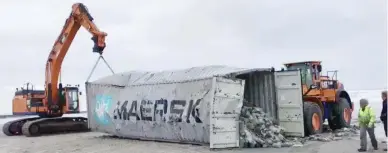  ??  ?? Heavy machinery lift a Maersk cargo container after it washed up on a beach in Vlieland, Netherland­s January 2, 2019 in this still image obtained from social media video. Up to 270 containers had fallen off the Panamanian-flagged MSC ZOE, one of the world’s biggest container ships, in rough weather near the German island of Borkum and floated southwest toward Dutch waters. (Reuters photos)