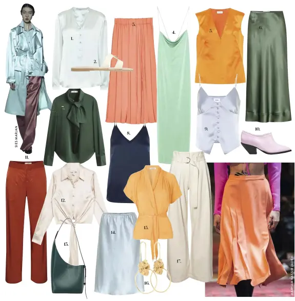  ??  ?? 1. Bluse Stella McCartney, 5 085 kr. 2. Sko Ancient Greek Sandals, 1 595 kr. 3. Skjørt H&M, 279 kr. 4. Kjole Zara, 235 kr. 5. Topp Dries Van Noten, 3 825 kr.
6. Skjørt Lee Mathews, 2 845 kr. 7. Bluse Mango, 385 kr. 8. Topp Vero Moda, 245 kr. 9. Topp Nanushka, 3 100 kr. 10. Støvler Ganni 3 245 kr. 11. Bukser Gestuz, 1 295 kr. 12. Bluse Topshop, 385 kr. 13. Veske Aesther Ekme, 3 500 kr. 14. Skjørt Alexa Chung, 2 375 kr. 15. Bluse Samsøe & Samøse, 779 kr.
16. Øredobber Orit Elhanati, 3 879 kr. 17. Bukser Lovechild 1979, 1 950 kr.