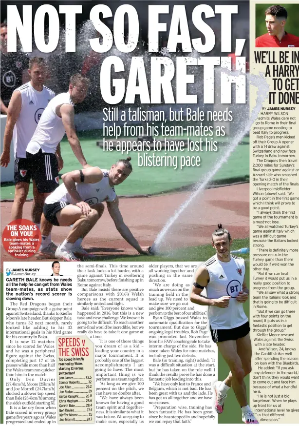  ??  ?? THE SOAKS ON YOU! Bale gives his Wales team-mates a soaking from a sprinkler during training